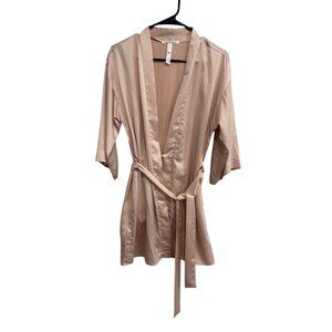 Flora Nikrooz Womens XS/S Satin Pink Kimono-Style Robe W/ Tie Belt Sleeve 3/4 Le